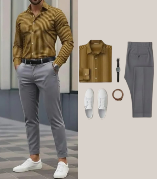 Men’s Blue Striped Shirt with Grey Slim-Fit Trouser Combo