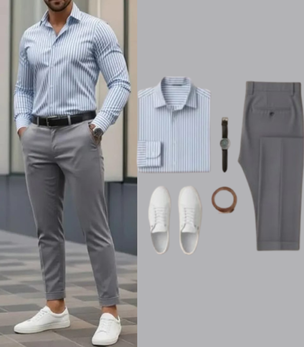 Men’s Blue Striped Shirt with Grey Slim-Fit Trouser Combo