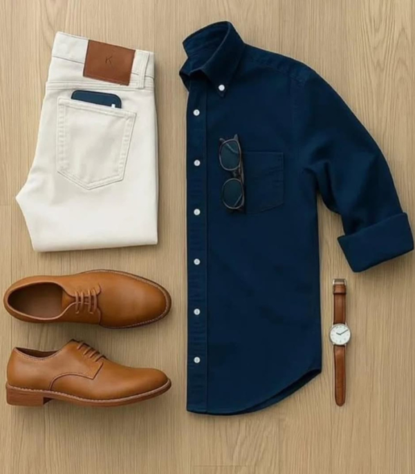 Men’s Navy Blue Casual Shirt & Off-White Cotton Pant Combo