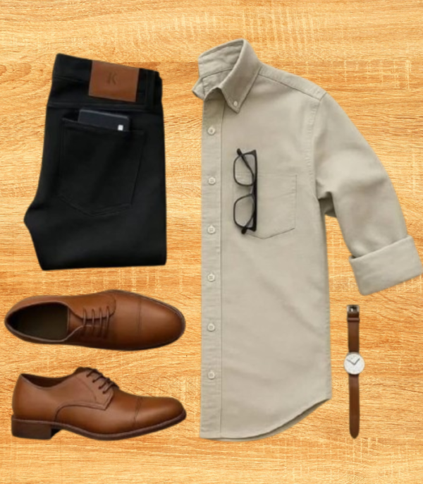 Men’s Beige Casual Shirt & Black Denim Smart Combo