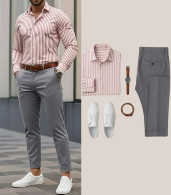 Men’s Pink Striped Shirt with Grey Slim-Fit Trouser Combo